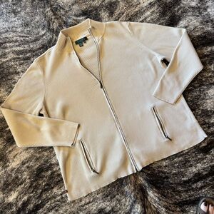 Lauren Ralph Lauren Cream Zip Up Jacket, 100% Cotton, Heavy Ribbed, Size 2X